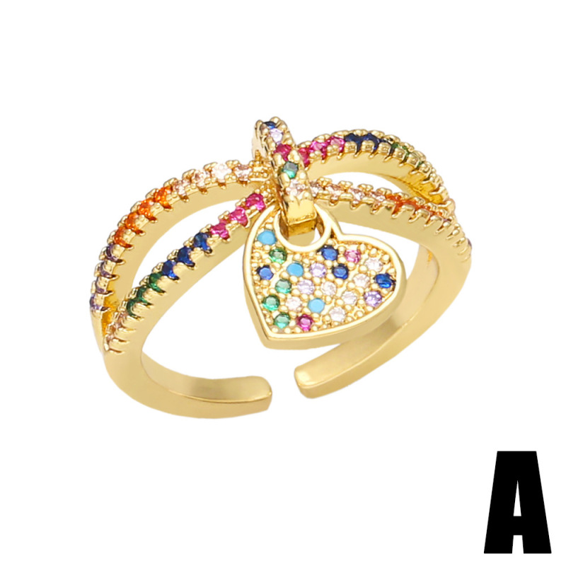 Women Fashion Personality Set Multicolor Zircon Heart Pendant Open Ring