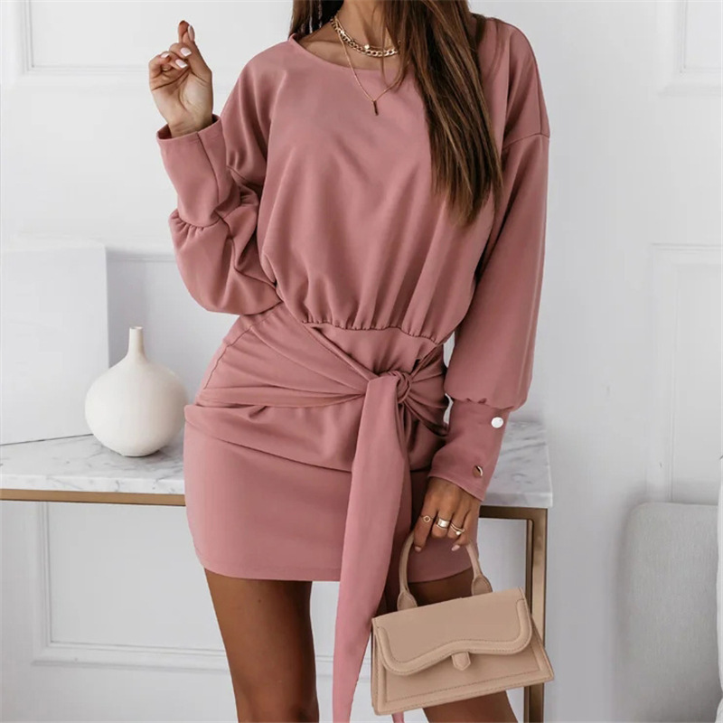 Women Elegant Casual Solid Color Long-Sleeved Round Neck Knotted Dress