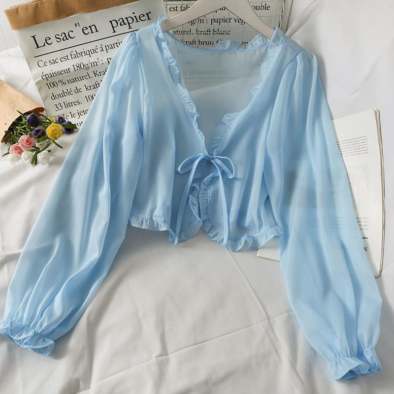 Summer Loose Long-Sleeved Women Short Bow Tie Vacation Chiffon Shirt