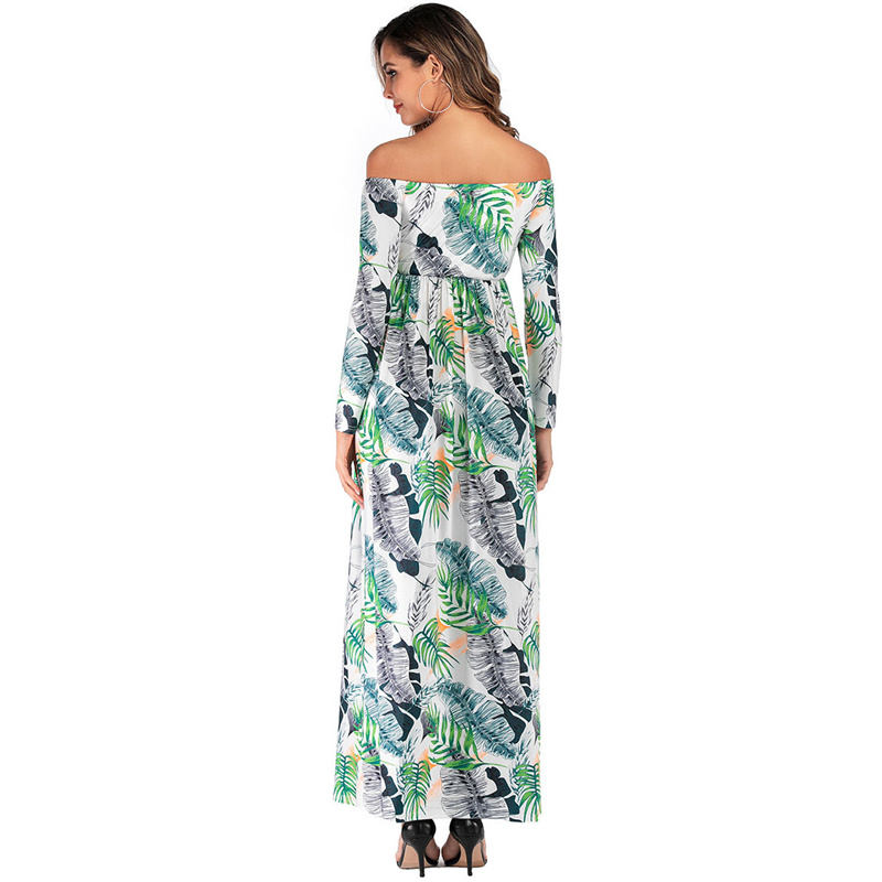 Women Fashion Leaf Printed Off-The-Shoulder Maternity Dress