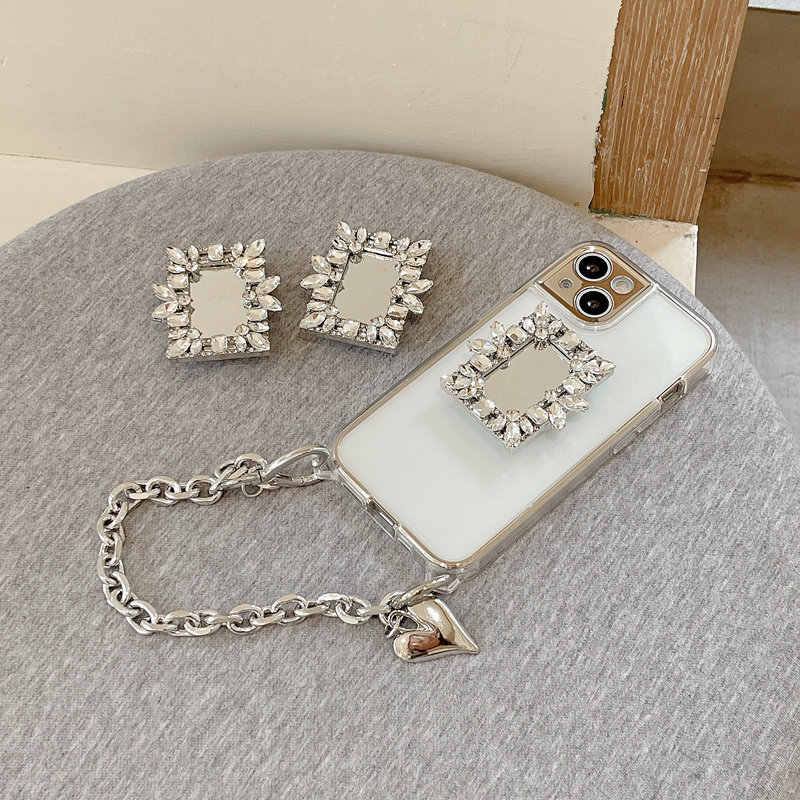 Women Fashion Simple Rhinestone Phone Case With Chain