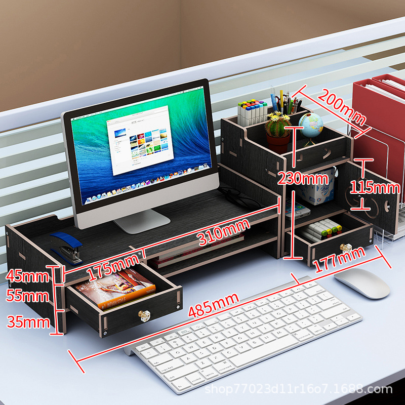 Simple And Modern Computer Monitor Elevated Shelf Wood Desktop Storage Rack Set