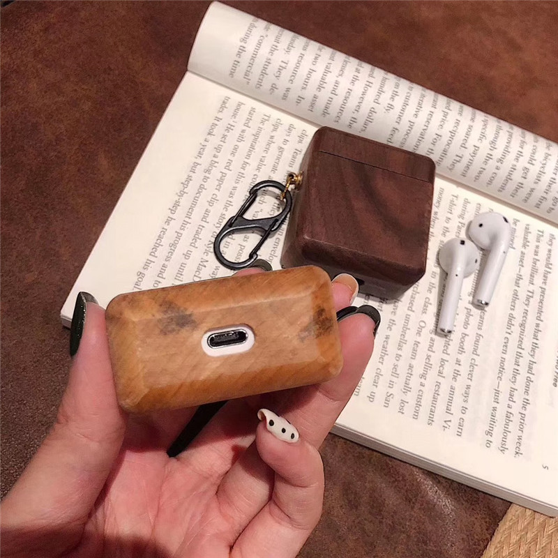 Simple Solid Wood With Hook Airpods Earphone Case