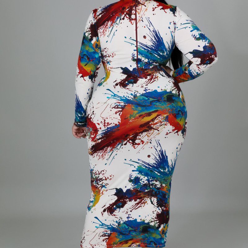 Plus Size Women Tie Dye Print Half Zipper Long Sleeve Maxi Dress