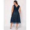 Women Elegant Plus Size Solid Color V Neck Sleeveless Dotted Mesh Midi Dress