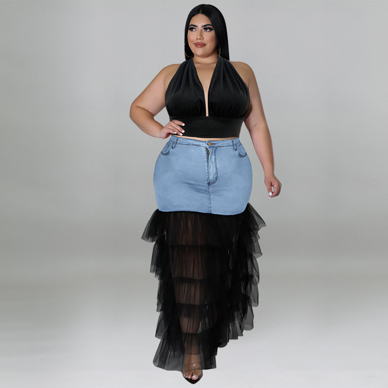 Plus Size Women Denim Layered Mesh Patchwork Skirt Halter Top Set