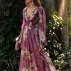 Fashion Vacation Floral Printed Women V-Neck Long-Sleeved Large Swing Chiffon Maxi Dress