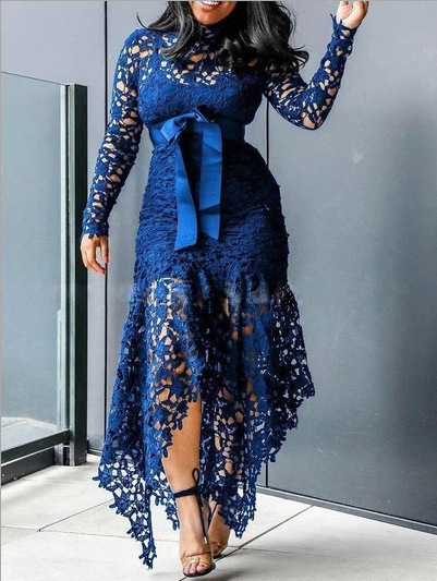 Women Fashion Elegant Lace Hollow Long Sleeve Irregular Hemline Solid Color Midi Dress