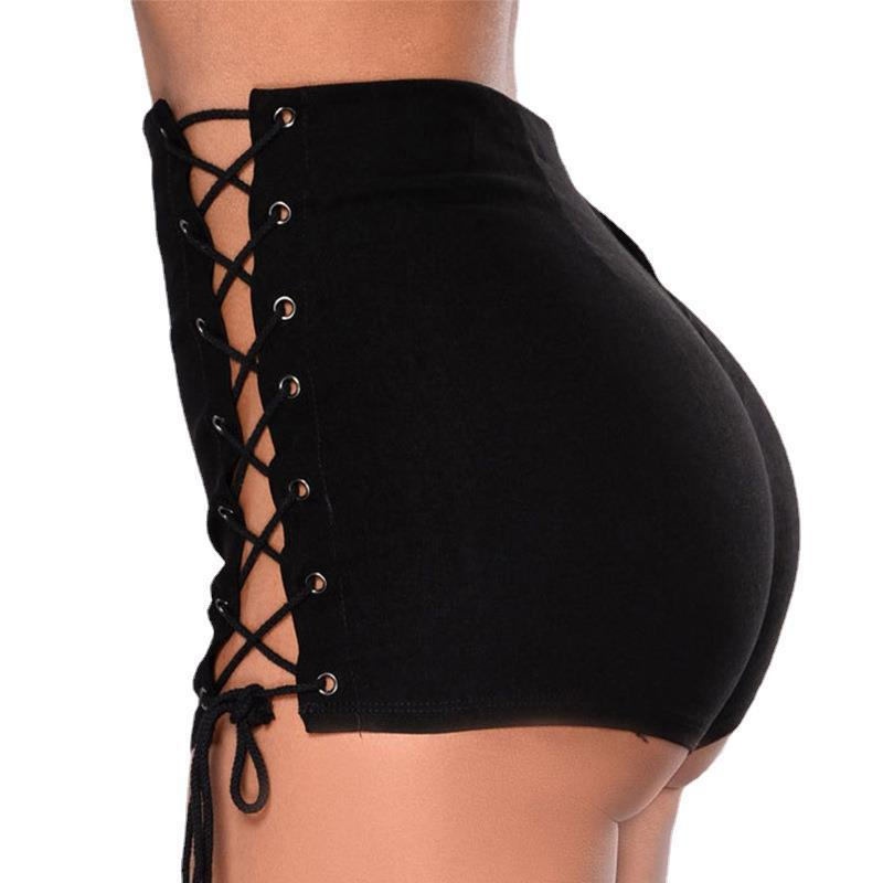 Women Summer Solid Color High Waist Lace-Up Denim Shorts