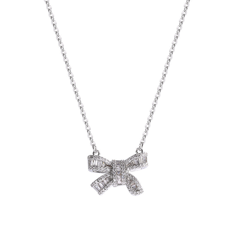 Women Fashion Simple Copper Diamond Zircon Bow Necklace