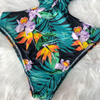 Women Deep V-Neck Leaf Print Backless Plus Size One-Piece Swimwear