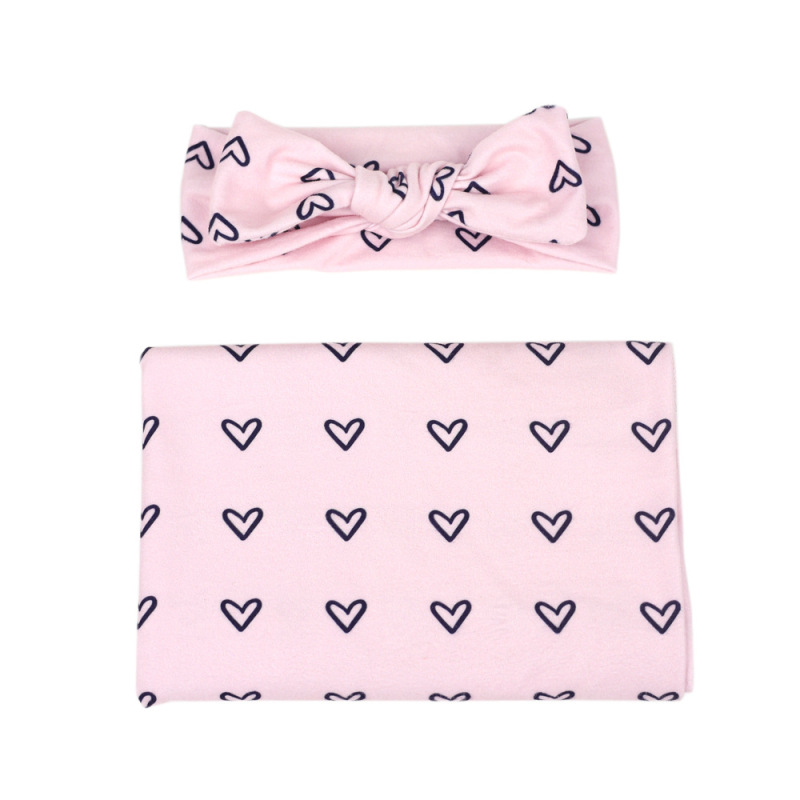 Baby Newborn Heart Print Swaddle Blanket And Headband 2pcs Set