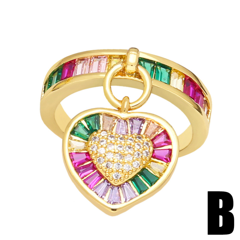 Women Fashion Personality Set Multicolor Zircon Heart Pendant Open Ring