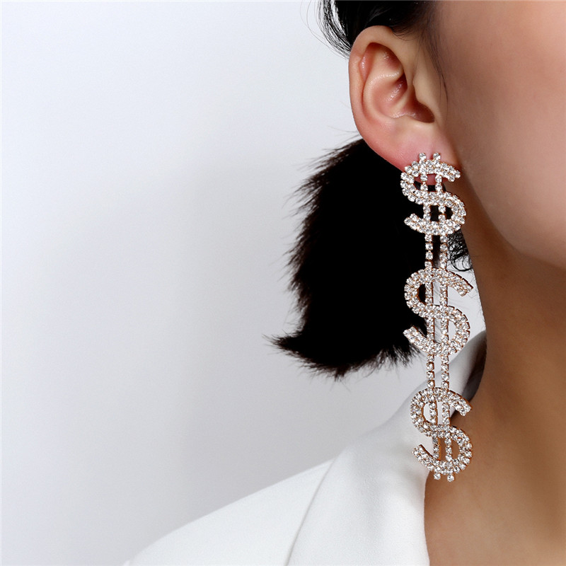 Creative Dollar Chain Design Full Rhinestone Dangle Earrings