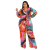 Plus Size Women V-Neck Printed Long-Sleeved Fashion Wide-Leg Jumpsuit