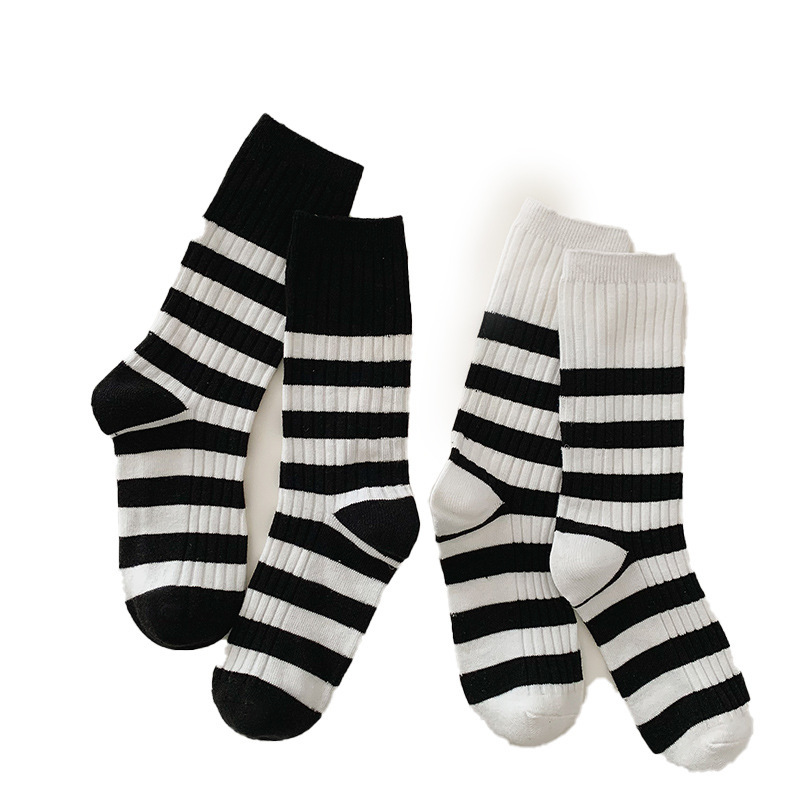 Unisex Fashion Black White Stripe Double Needle Mid Tube Cotton Socks 10 Pairs/Pack