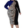 Plus Size Women'S Leopard Print Color Blocking Long Sleeve Midi Dress