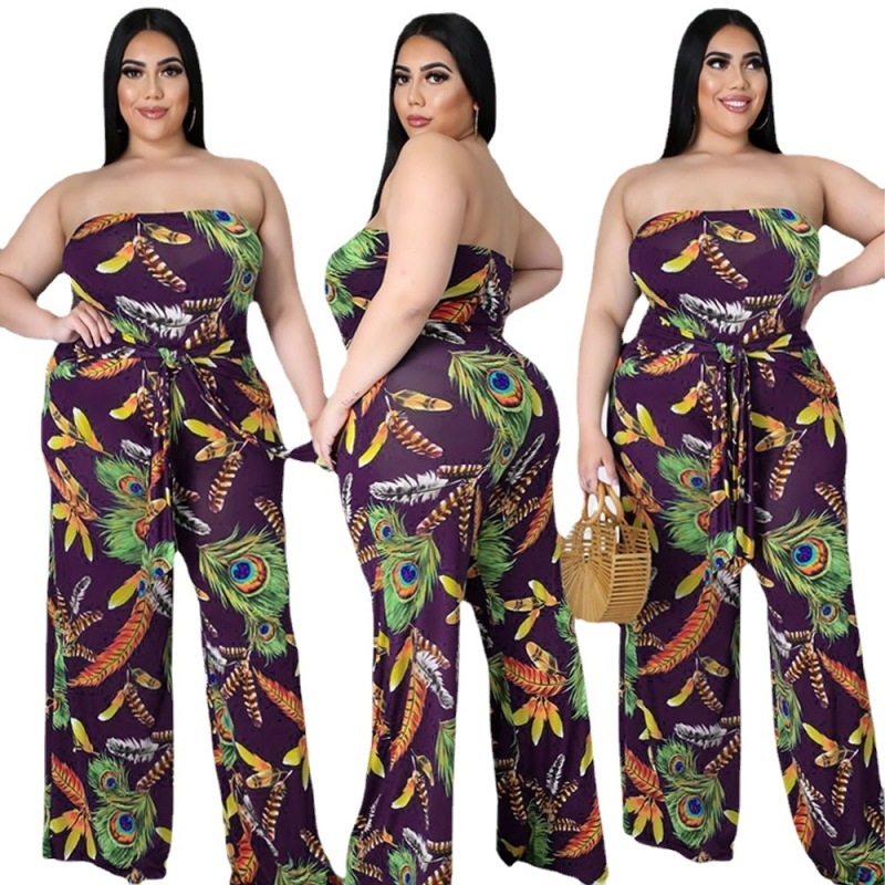 Plus Size Women Printed Tube Top Waist Wide-Leg Casual Jumpsuit