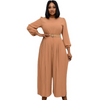 Women Solid Color Long-Sleeved Round Neck Waist Pleated Wide-Leg Jumpsuit