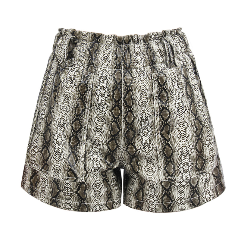 Women Snake Print High Waist Casual PU Shorts