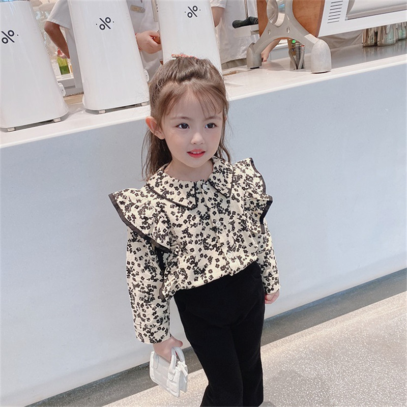 Kids Girls Sweet Floral All Over Print Lapel Long Sleeve Ruffled Blouse