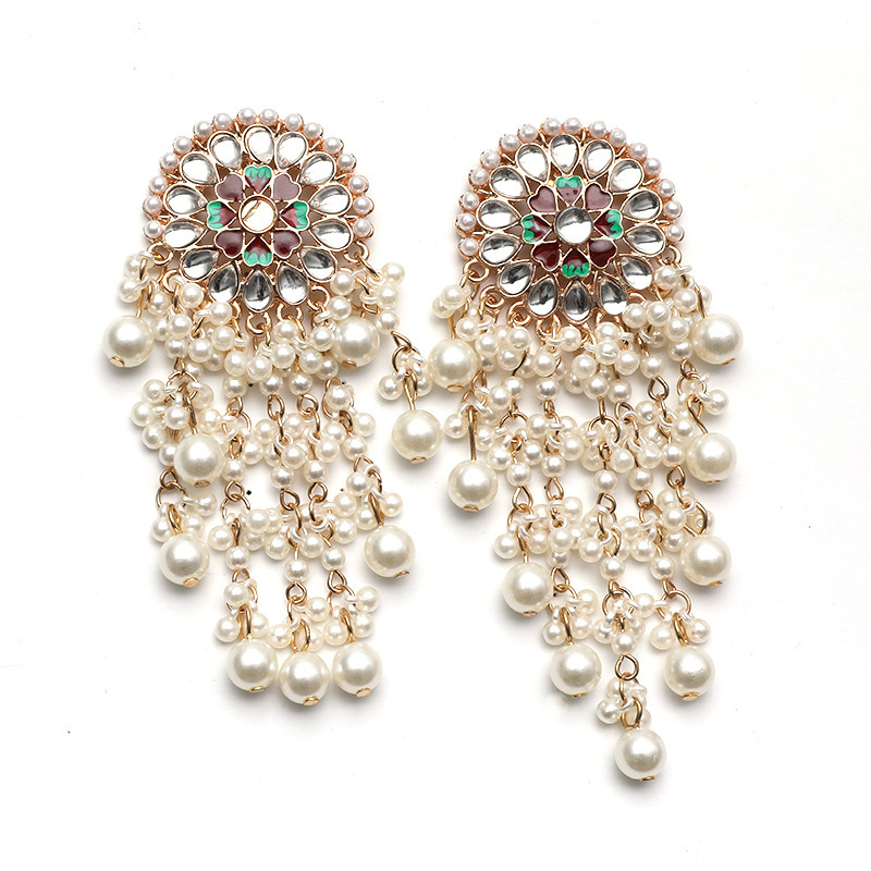 Women Fashion Retro Boho Diamond Pearl Tassel Earrings