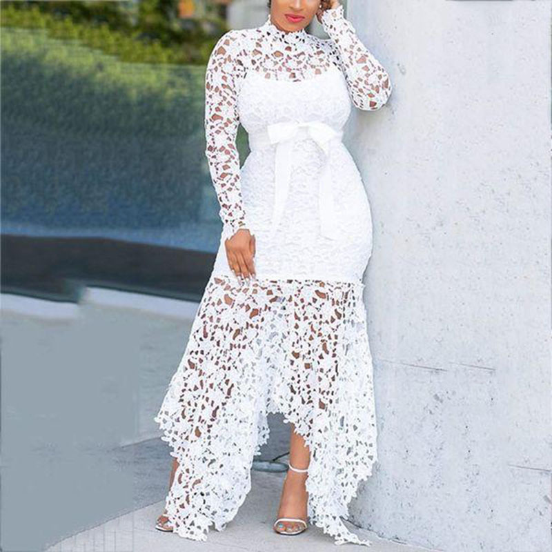 Women Fashion Elegant Lace Hollow Long Sleeve Irregular Hemline Solid Color Midi Dress