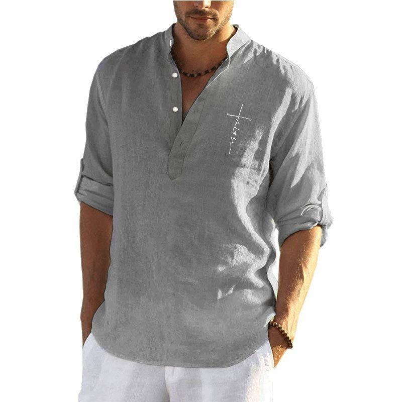 Men Fashion Solid Color Long Sleeve Loose Cotton Linen Collar Shirt