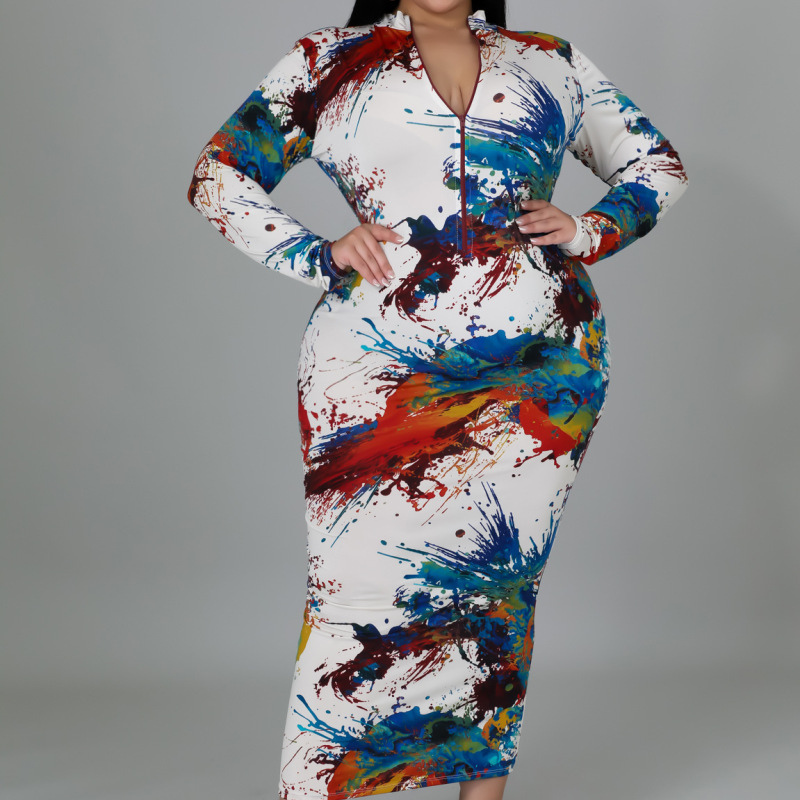 Plus Size Women Tie Dye Print Half Zipper Long Sleeve Maxi Dress