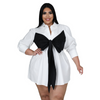 Plus Size Women Contrast Lace-Up Bow Neck Waist Lapel Long Sleeve Blouse Dress