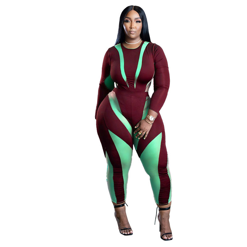 Plus Size Women Mesh Panel Round Neck Long Sleeve High Waist Slim Jumpsuit