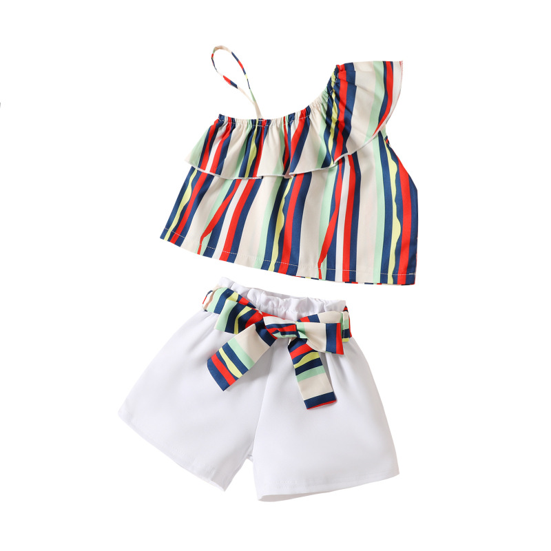 Toddlers Newborn Baby Fashion Girls Stripe Shoulder Top And Shorts 2pcs Set