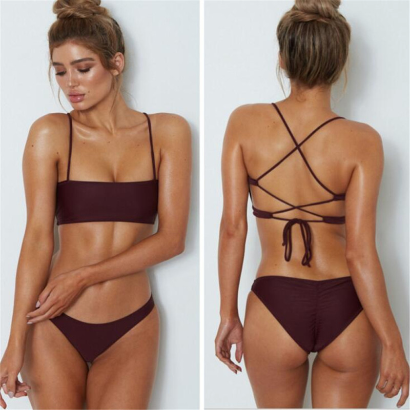 Women Sexy Solid Color Basic Spaghetti Strap Bandage Bikini Swimwear