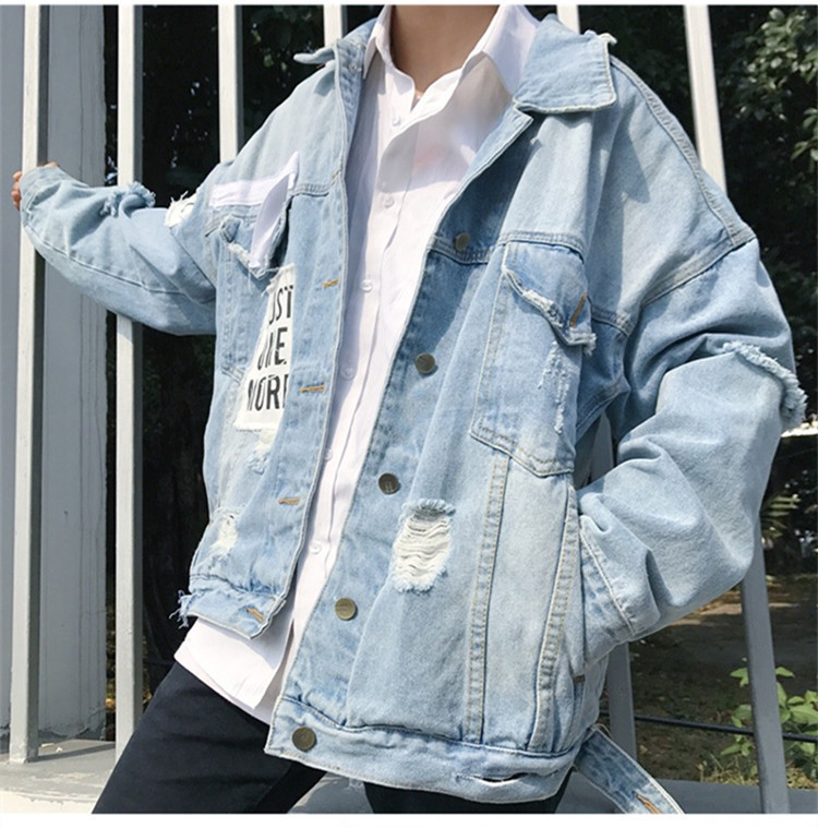 Men Casual Lapel Long Sleeve Single Breasted Ripped Denim Jacket