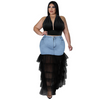 Plus Size Women Denim Layered Mesh Patchwork Skirt Halter Top Set