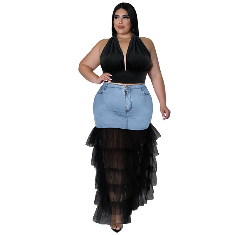 Plus Size Women Denim Layered Mesh Patchwork Skirt Halter Top Set