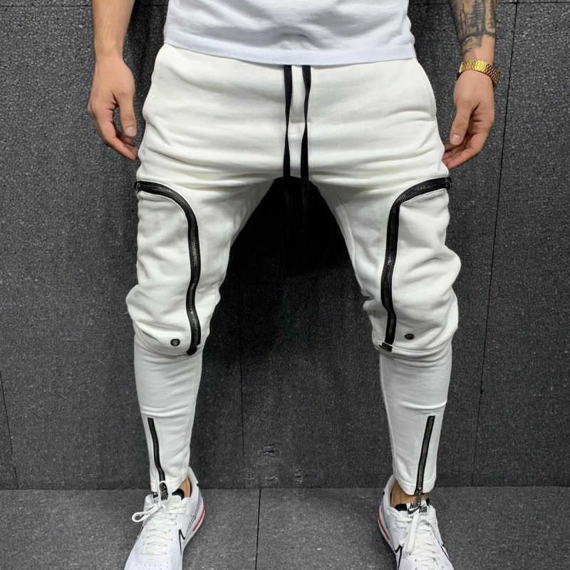 Men Fashion Zipper Patch Pockets Slim Fit Pants
