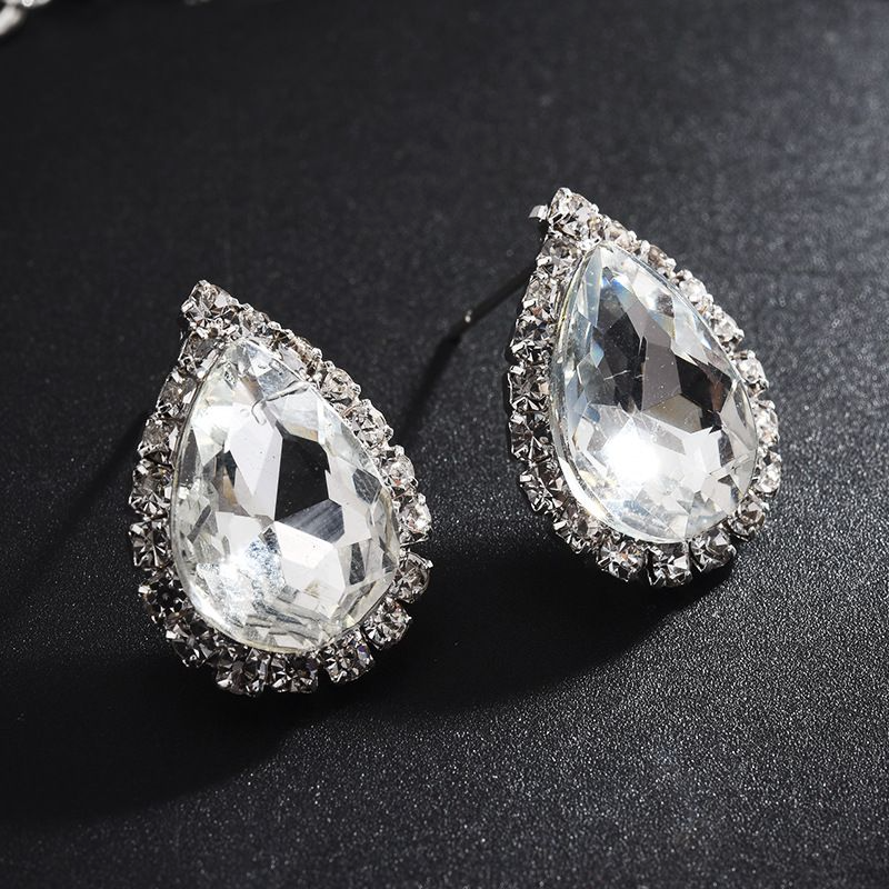 Women Shiny Rhinestone Design Drop Shape Pendant Necklace Earrings Set