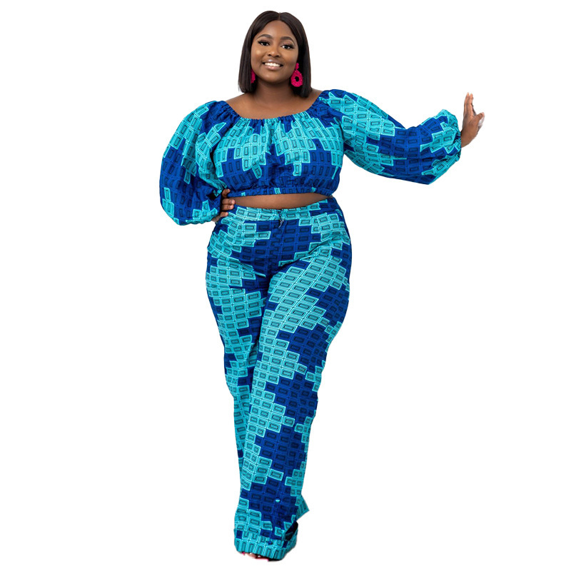 Plus Size Women Printed Boat Neck Long Sleeve Top And High Waisted Loose Pants Casual Two-Piece Set