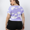 Plus Size Women White Cloud Print Casual Short-Sleeved Crop Top