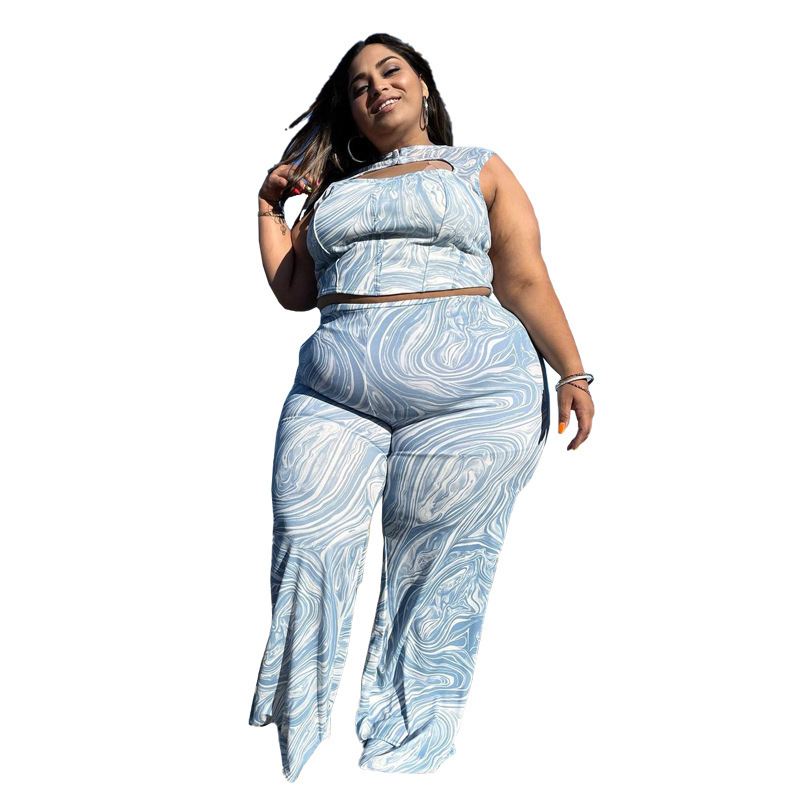 Fashion Plus Size Women Printed Hollow Sleeveless Top And Loose Wide Leg Pants Two-Piece Set