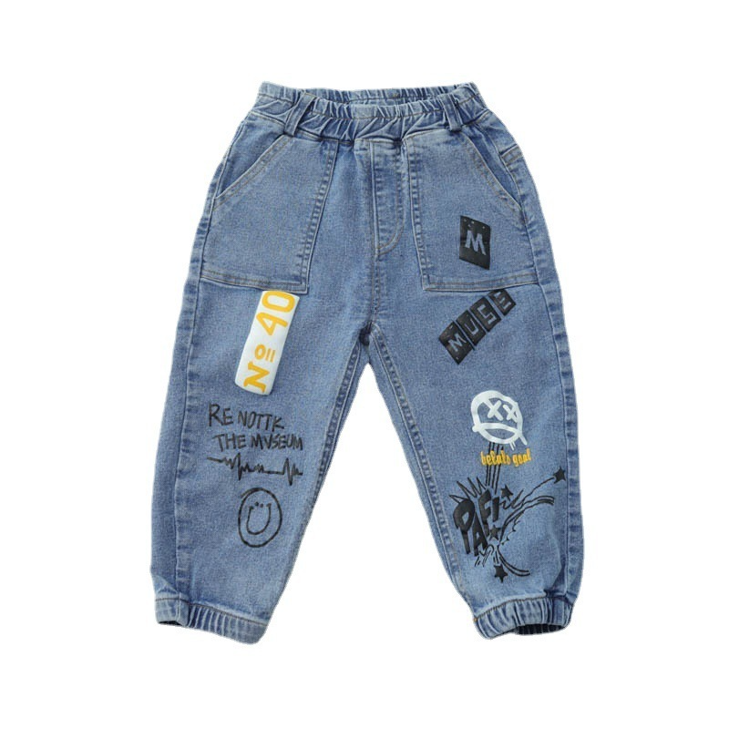 Kids Boys Casual Letter Pattern Elastic Denim Pants