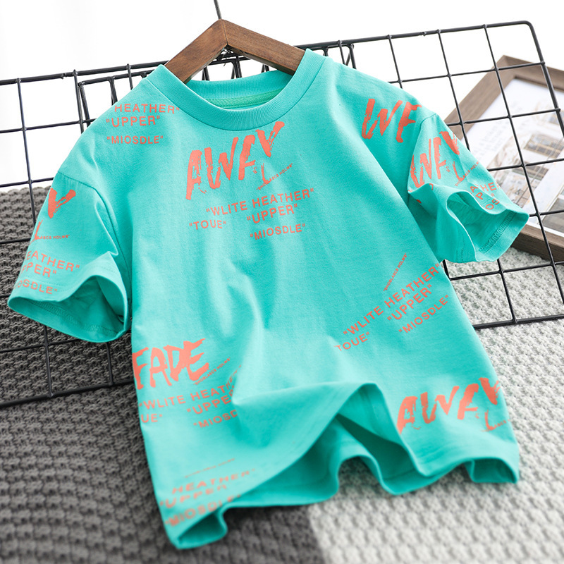 Wholesale Kids Boys Casual Round Neck Short Sleeve Letter All Over Print Loose T-Shirt