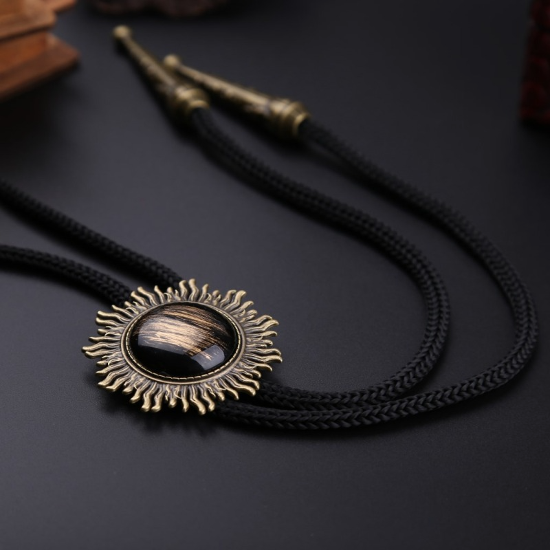 Rrtro Black Onyx Gem Poirot Collar Rope Leather Necklace Tie