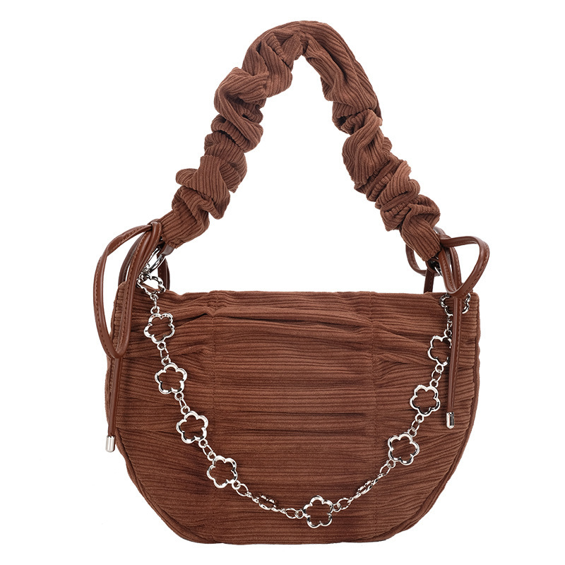 Women Fashion Design Corduroy Pleated Floral Half Round Saddle Bag Chain Shoulder Bag