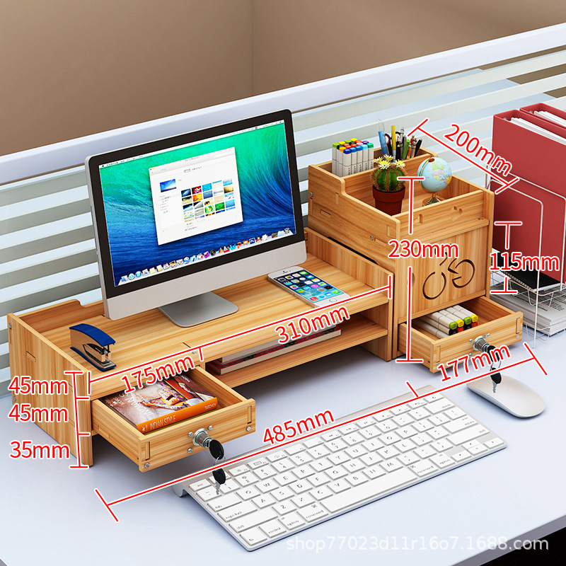 Simple And Modern Computer Monitor Elevated Shelf Wood Desktop Storage Rack Set