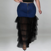Plus Size Women Denim Layered Mesh Patchwork Skirt Halter Top Set
