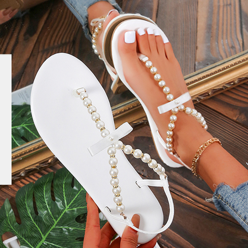 Plus Size Women Trendy Boho Flat Pearl Bowknot Sandals