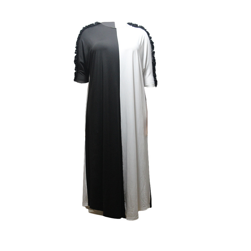 Black White Color Blocking Short-Sleeved Plus Size Fashion Pullover Loose Dress