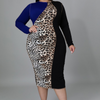 Plus Size Women'S Leopard Print Color Blocking Long Sleeve Midi Dress